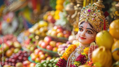 Annakut. Colorful Hindu deity statue surrounded by fruit offerings. photo