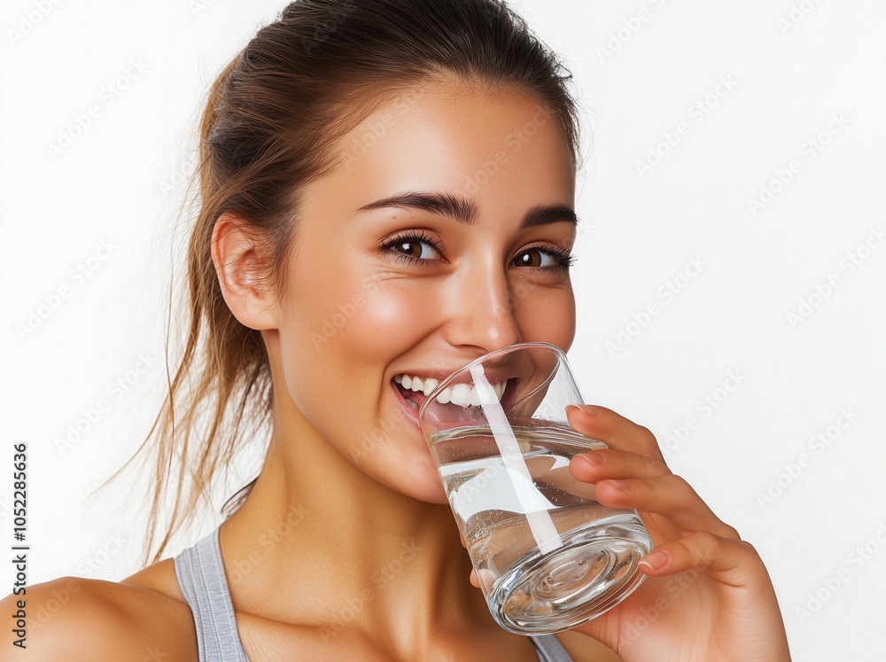 beautiful woman is drinking water from a glass on white background beautiful woman is drinking water from a glass on white background