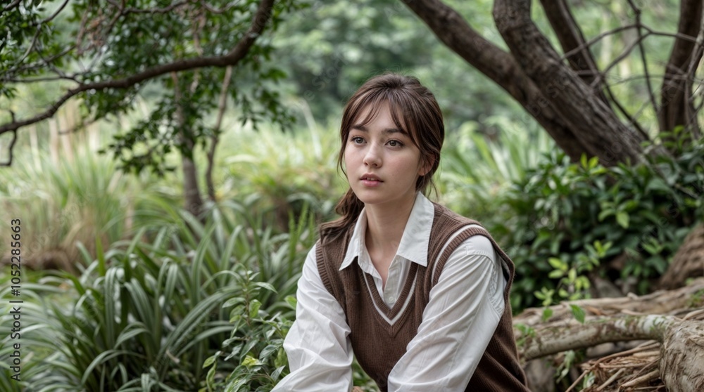 A photo of a young Korean woman wearing a white shirt and a brown vest sitting near nature A photo of a young Korean woman wearing a white shirt and a brown vest sitting near nature