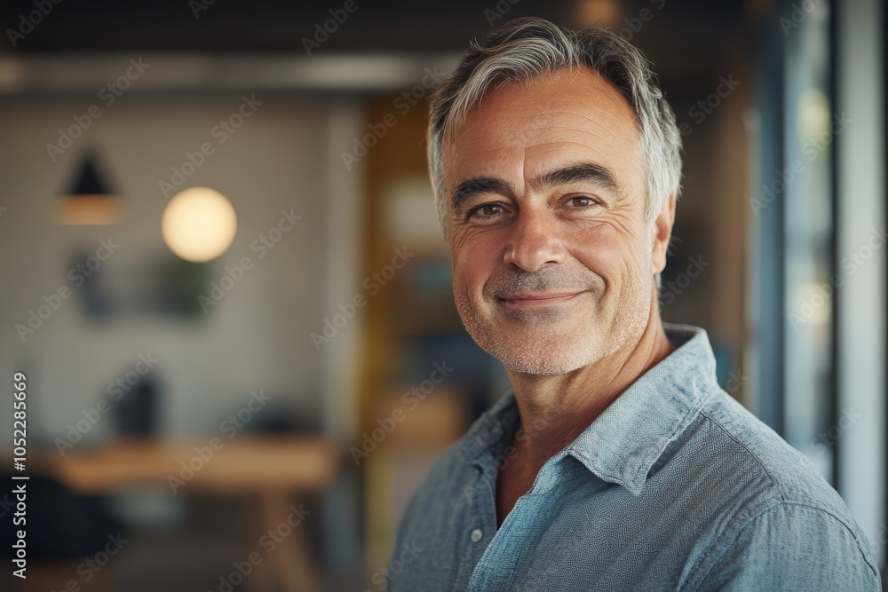 Obraz premium A man with gray hair smiles warmly while standing in a contemporary office space filled with natural light and relaxed decor