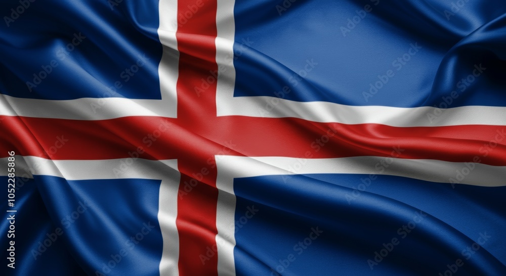 Fototapeta premium Waving Icelandic flag with red cross on blue and white background.