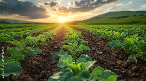 Lush green crops growing in a field at sunset.