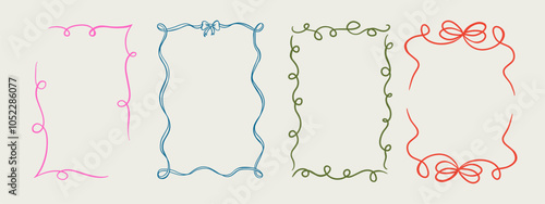 Set of elegant whimsical hand-drawn pink blue orange green color frames with wavy squiggle curly ribbons in trendy, vintage styles. Perfect for quirky holiday, wedding, birthday gift decorations
