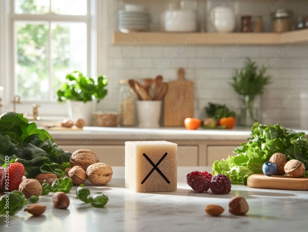 Sugar cube with fresh vegetables, nuts, and raspberries on kitchen counter. Sugar cube with fresh vegetables, nuts, and raspberries on kitchen counter.