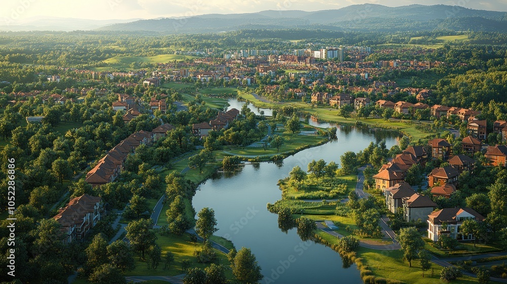 Fototapeta premium Aerial view of a serene landscape with a river and residential area.