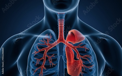 Respiratory System, 3D medical illustration of the human respiratory system, highlighting the lungs and trachea. photo