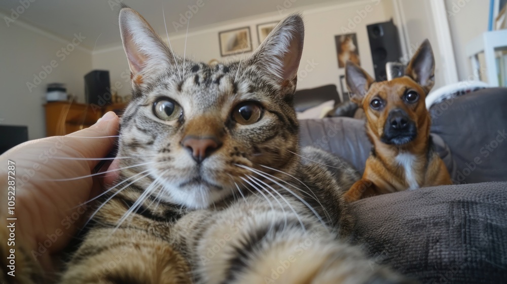 Cute portrait of cat and dog taking selfie together in the living room. Cute portrait of cat and dog taking selfie together in the living room.