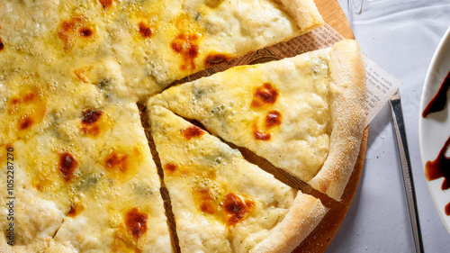 Pizza slices flying, isolated on white background. Delicious cheese pizza slices. Italian style pizza slices.