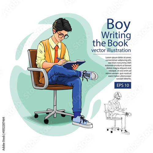 Boy writing the book illustration with a detailed boy illustration with a book, sunglasses, and pen.