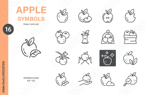 Apple Symbol Icon Set. Thin Line Illustrations of Apples, Harvesting, Baskets, and Core Representing Fruit Symbolism and Fresh Produce