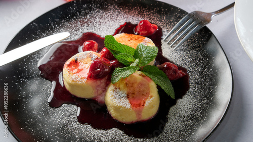 Cottage cheese pancakes with berry jam and mint leaf