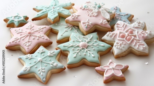 Hand-drawn pastel New Year's cookies arranged beautifully on a white surface, showcasing winter-themed designs and delicate details