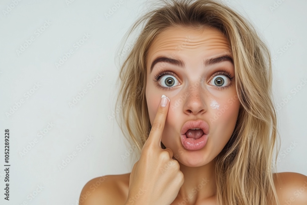 beautiful woman applying cream on her cheek beautiful woman applying cream on her cheek