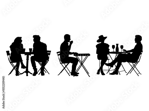 Set of People in Cafe Silhouette in various poses isolated on white background