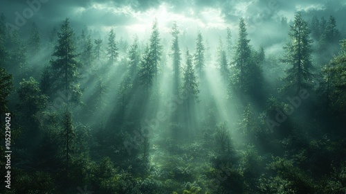 Ethereal forest with sunlight filtering through misty trees.