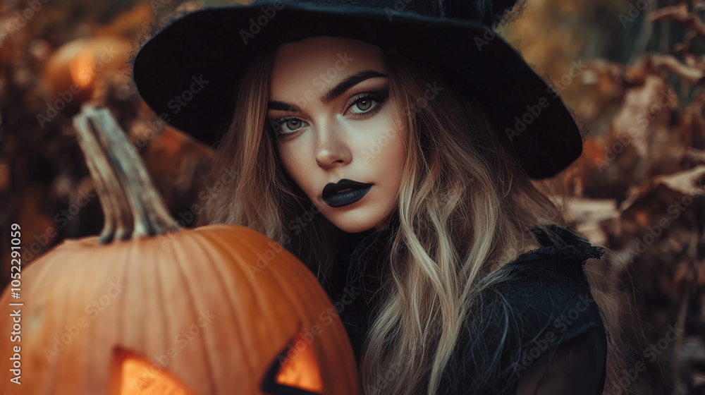 Enchanting halloween spirit a mysterious witch with a pumpkin in a captivating autumn setting Enchanting halloween spirit a mysterious witch with a pumpkin in a captivating autumn setting