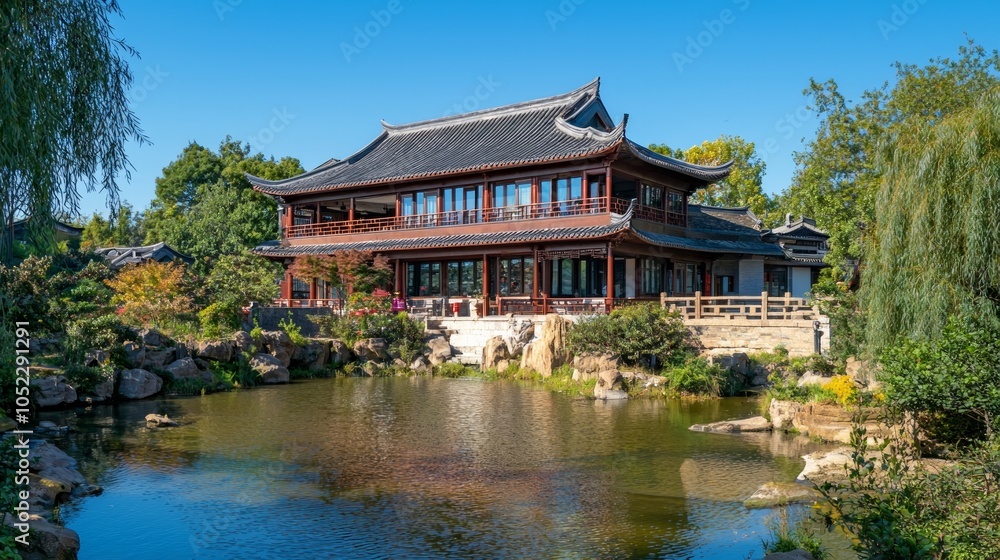 Fototapeta premium Chinese-style building, close-up view of the house, with a small river in front of house and blue sky.