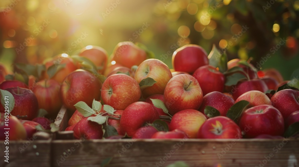 Red apples are harvested in a wooden box against the backdrop of an apple orchard with warm sun. Red apples are harvested in a wooden box against the backdrop of an apple orchard with warm sun.