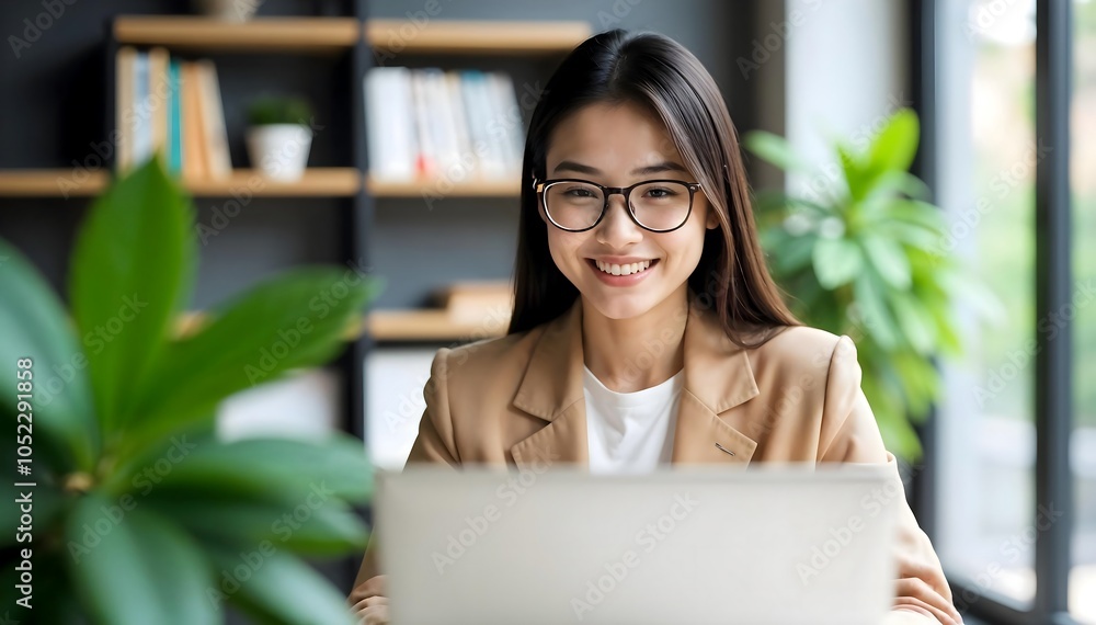 Young Asian woman smile work from home Young Asian woman smile work from home