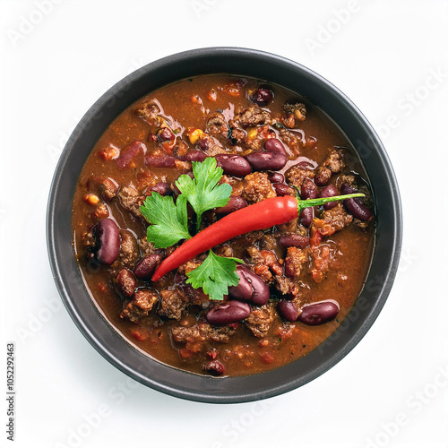 Savory Chili: A hearty bowl of beef, kidney beans, and spices, topped with a vibrant red chili pepper and fresh parsley.  A culinary delight! photo