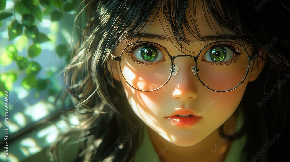 Fototapeta premium A close-up of a girl with glasses and striking green eyes looking thoughtfully while surrounded by natural light indoors