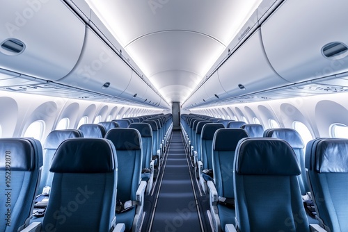 Airplane interior, a view down the aisle of an airplane cabin, showing rows of seats and overhead compartments, photo