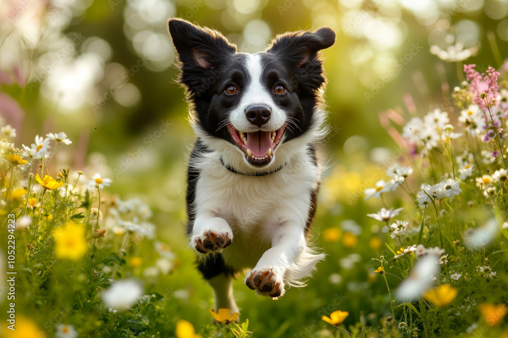 A black and white dog running through a field of flowers A black and white dog running through a field of flowers