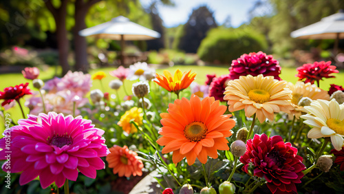 Vibrant Flower Garden Embracing Nature's Diversity: A Colorful Tapestry of Pink, Orange, Yellow, Red, and White Blooms Set Against a Lush Green Lawn, Trees, and Elegant Umbrellas Providing Shade