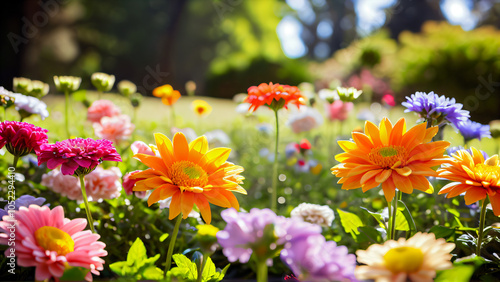 Vibrant Flower Garden Embracing Nature's Diversity: A Colorful Tapestry of Pink, Orange, Yellow, Red, and White Blooms Set Against a Lush Green Lawn, Trees, and Elegant Umbrellas Providing Shade