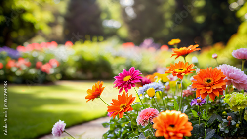 Vibrant Flower Garden Embracing Nature's Diversity: A Colorful Tapestry of Pink, Orange, Yellow, Red, and White Blooms Set Against a Lush Green Lawn, Trees, and Elegant Umbrellas Providing Shade