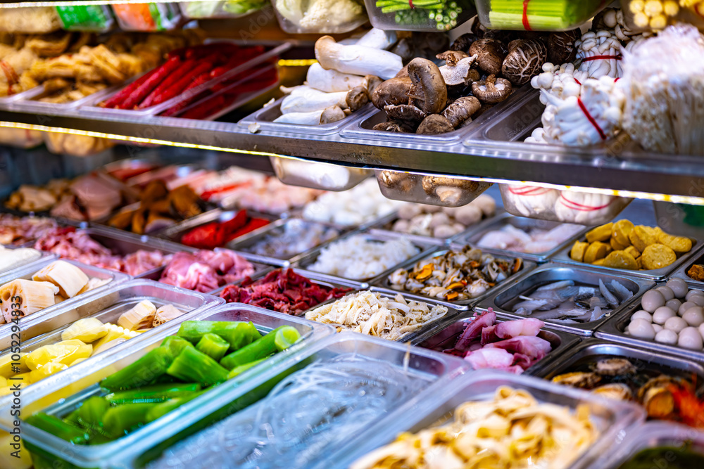 Fototapeta premium Food ingredients and dishes sold in a singapore restaurant