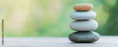 Stacked stones on wooden surface, green background, tranquility and balance theme photo