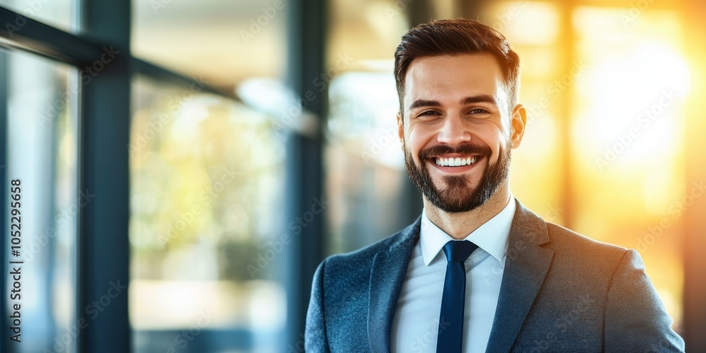 Fototapeta premium A well-dressed man smiles warmly in a contemporary office, illuminated by natural light filtering through large windows