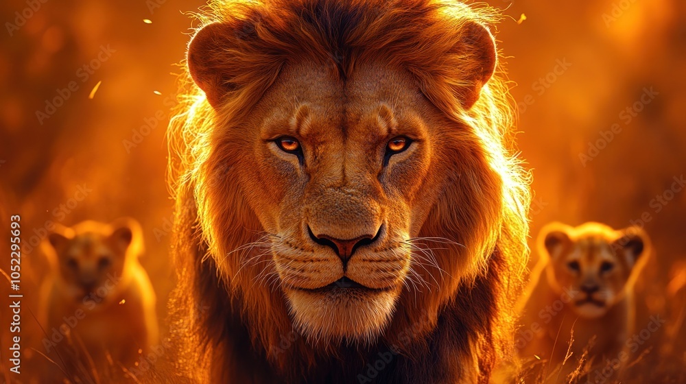 Fototapeta premium A powerful male lion with two cubs in the background, backlit by a golden sunset.