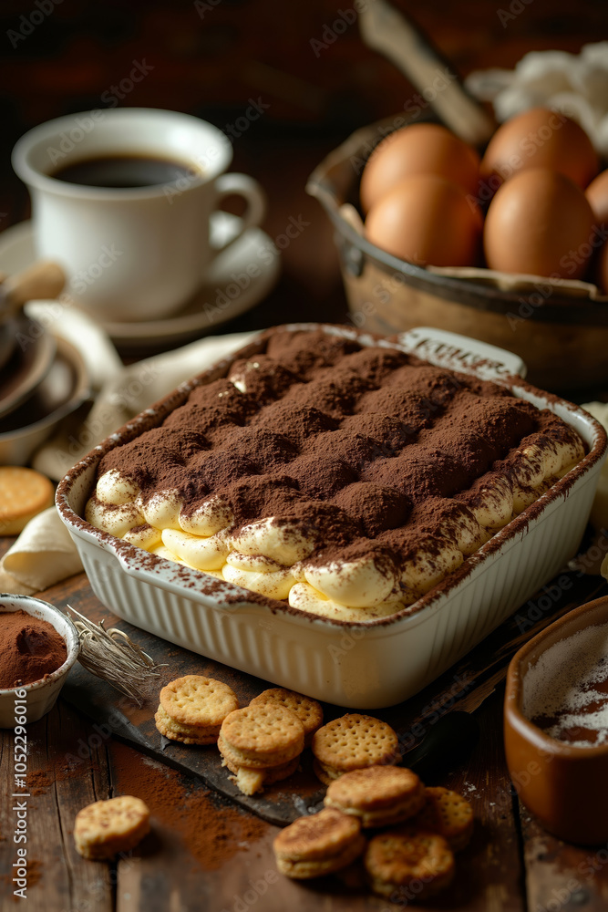 A close-up of a chocolate dessert with a white bowl and a cup of coffee on a wooden table A close-up of a chocolate dessert with a white bowl and a cup of coffee on a wooden table