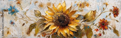 Stunning Petrikovskaya painting showcasing a vibrant sunflower surrounded by delicate flowers in a harmonious composition photo