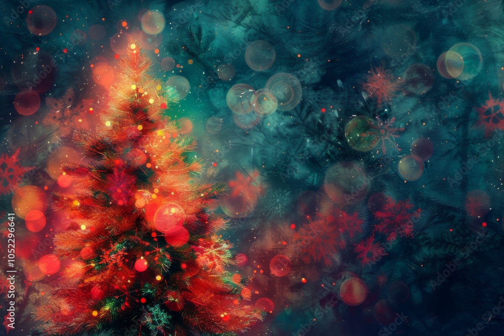 Fototapeta premium Close-up of Christmas tree branches with red ornaments and golden bokeh lights.