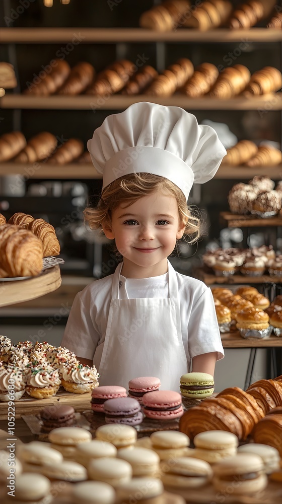 A young chef ptissier surrounded by an array of French style pastries in a bakery display A young chef ptissier surrounded by an array of French style pastries in a bakery display