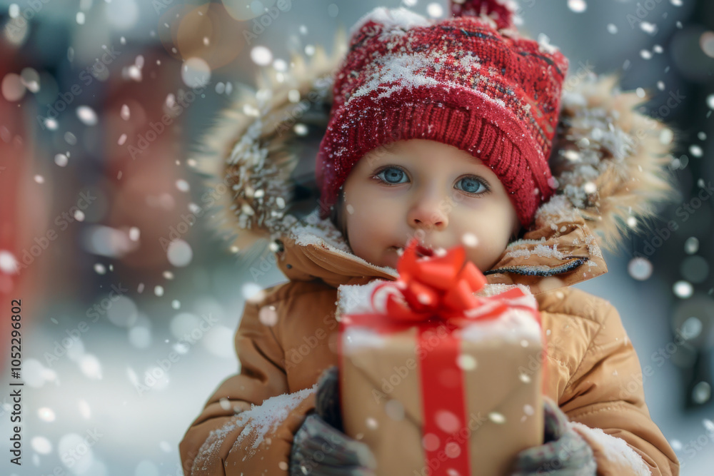 A toddler in a red beanie and winter coat holding a gift, snowflakes falling around. A toddler in a red beanie and winter coat holding a gift, snowflakes falling around.