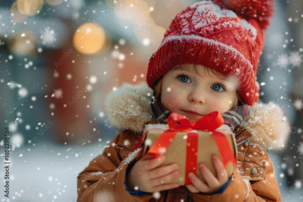 A toddler in a red beanie and winter coat holding a gift, snowflakes falling around. A toddler in a red beanie and winter coat holding a gift, snowflakes falling around.