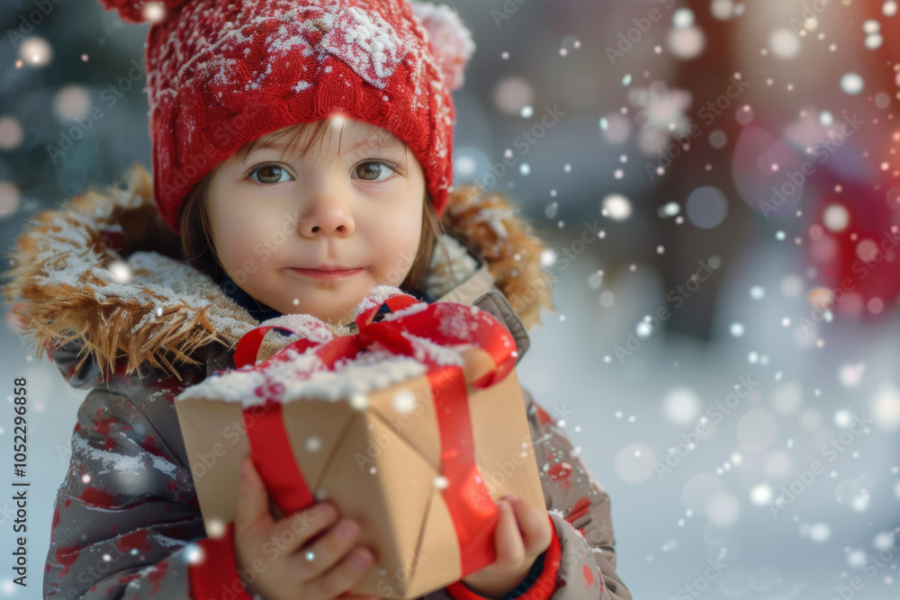A toddler in a red beanie and winter coat holding a gift, snowflakes falling around. A toddler in a red beanie and winter coat holding a gift, snowflakes falling around.
