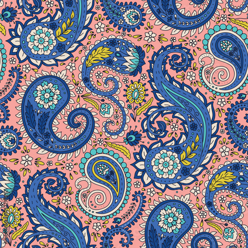 Seamless pattern with blue Paisley motifs. Traditional indian repeat design.