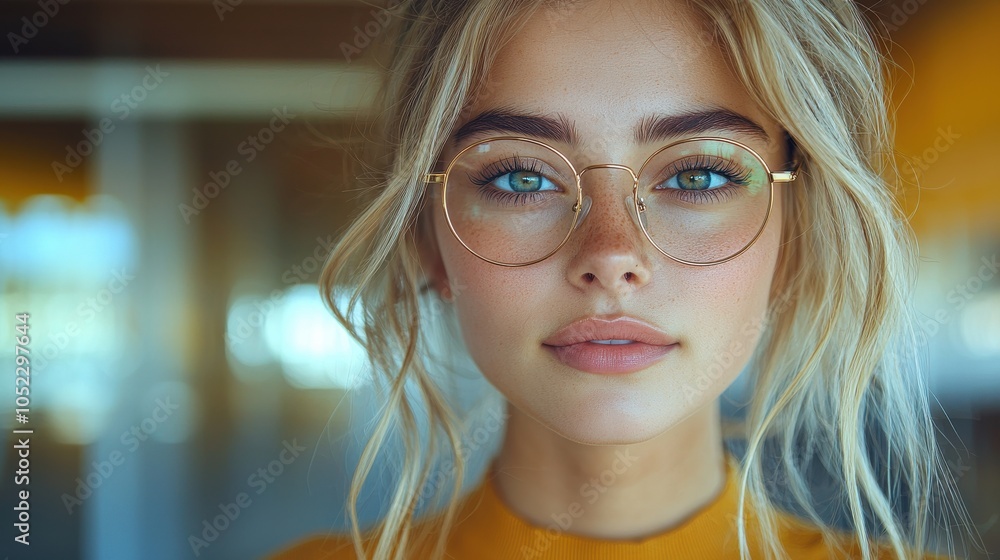 Young woman with stylish glasses and light blonde hair posing indoors in a trendy, bright café setting during the day Young woman with stylish glasses and light blonde hair posing indoors in a trendy, bright café setting during the day
