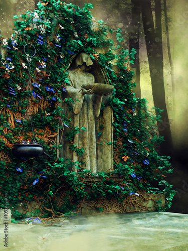 Fantasy statue of a monk with a bowl near a ruined wall with green vines in a forest. 3D render. Made from 3D resources and painted elements. No AI used.