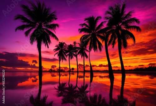 stunning dramatic silhouettes palm trees vivid sunset sky capturing essence tropical evenings, nature, landscape, orange, pink, summer, horizon, light