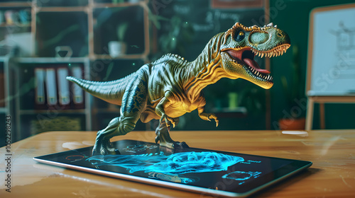 A tablet on a classroom desk displays an augmented reality hologram with dinosaurs, illustrating the use of AR technology for engaging and interactive learning experiences