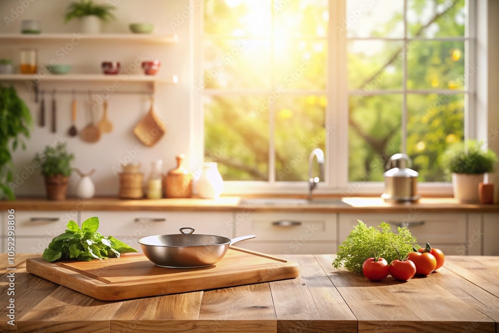 Beautiful Wooden Countertop Mockup for Product Display in a Bright Kitchen Environment Beautiful Wooden Countertop Mockup for Product Display in a Bright Kitchen Environment
