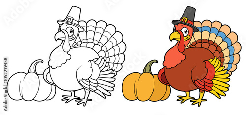 Cute cartoon turkey wearing a pilgrim hat w outlined and color variation for coloring page