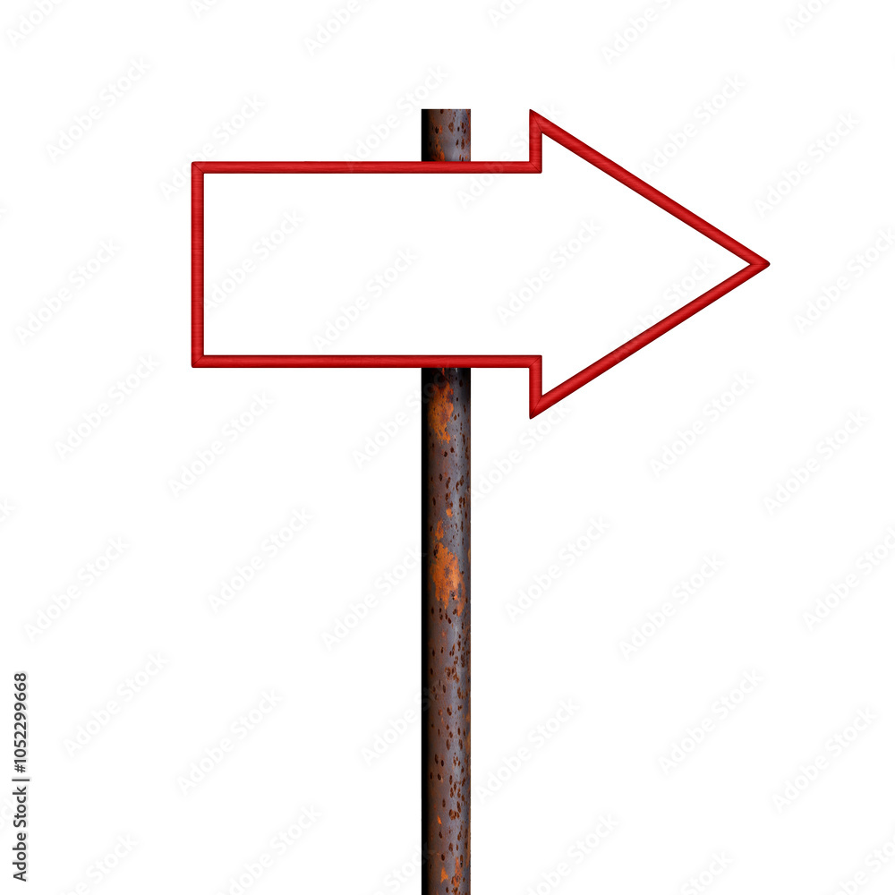 Fototapeta premium Blank red shooter sign hanging on rusty pole. Direction indicator. Arrow sign isolated on white