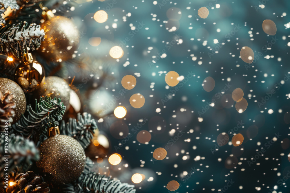 Close-up of a frosted pine branch with sparkling bokeh lights in the background. Close-up of a frosted pine branch with sparkling bokeh lights in the background.
